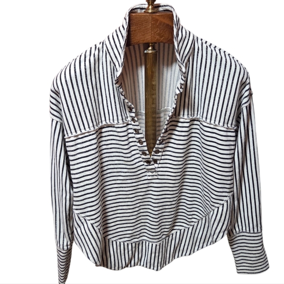 Anthropologie Pilcro Spliced Henley Top Black White Striped Size Small - Picture 2 of 8